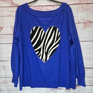 D2 Soft Ease Royal Blue Zebra Heart Rhinestones NEW Tri Blend Sweater Size XL